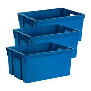 Opbergbox/opbergkrat 50 L - 3x - blauw - kunststof - 56 x 41 x 29 cm - stapelbaar/nestbaar