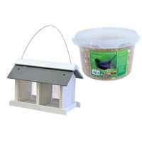 Vogelhuisje/voedersilo met twee vakken hout/leisteen 31 cm inclusief 4-seizoenen mueslimix vogelvoer - thumbnail