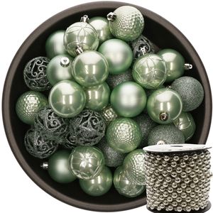 37x stuks kunststof kerstballen 6 cm mintgroen inclusief kralenslinger zilver