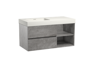 Storke Edge zwevend badmeubel 110 x 52 cm beton donkergrijs met Mata High asymmetrisch linkse wastafel in mat witte solid surface