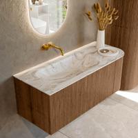 Mondiaz KURVE-DLUX 115 cm Onderkast Greeploos 1 Lade Met Deuren Walnut, Wastafel Solid Surface Links Glace 0 Kraangaten Zonder Spiegel (KRVBGS115R1L1D0KL-Wal/Gla)