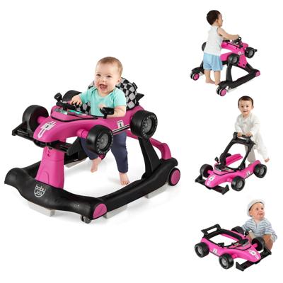 4 in-1 Loopwagen met Instelbare Hoogte en Snelheid Babykart met Anti-Slip Pads Inklapbare Babywandelaar Roze