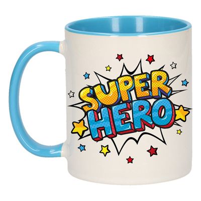 Super hero cadeau mok / beker wit en blauw met sterren 300 ml