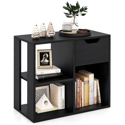 Houten Boekenrek met Lade & 3 Vakken Kubusrek Bureau Rek Kamerscherm Staand Rek Zwart