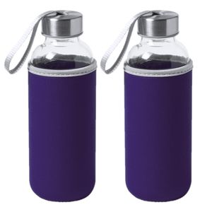 4x Stuks glazen waterfles/drinkfles met paarse softshell bescherm hoes 420 ml