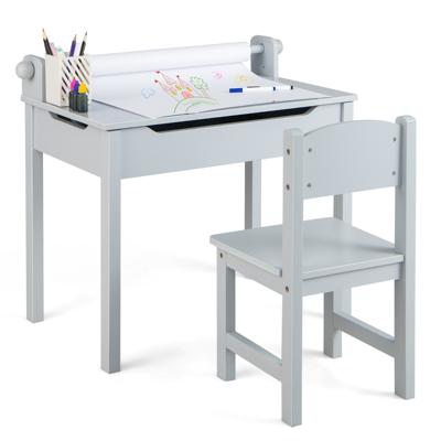 Peuter Activiteitentafel met Stoel Tafelset voor Kinderen met Papierrolhouder om te Tekenen Studeren/met Papierrol en Stiften Grijs