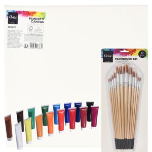 Complete hobby schilderijen maken verf set - 2x canvas schildersdoeken 30 x 30 cm - penselen - verf