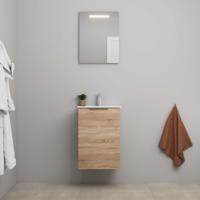On-Line Badkamermeubelset - 45 cm - Voorgemonteerd - 1 Deur met Greep - Porseleinen Wastafel - 1 Kraangat - Spiegel met LED-Verlichting - Eiken