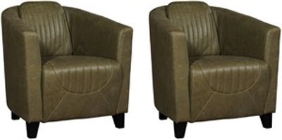 Set van 2 Olijfgroene leren landelijke kuipstoel Press Special - poot hout zwart - Vintage Leer Olive (olijfgroen leer)