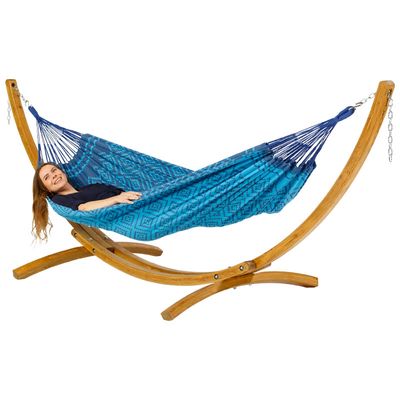 Eenpersoons hangmat met houten standaard - 300x140cm - Blauw - 120kg draagkracht- 100% katoen - binnen & buiten