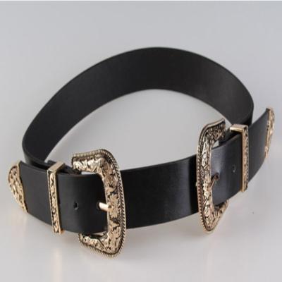 Vrouwen zwart leder westerse cowgirl taille metalen gesp tailleband nieuwe Hot verwijde goud dubbele gesp zwarte bodem