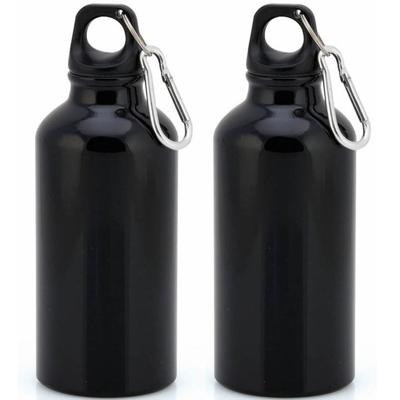 Aluminium waterfles/drinkfles - 2x - met schroefdop en karabijnhaak - zwart - 400ml - Sportfles - Bi