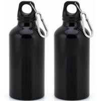 Aluminium waterfles/drinkfles - 2x - met schroefdop en karabijnhaak - zwart - 400ml - Sportfles - Bi Aluminium waterfles/drinkfles - 2x - met schroefdop en karabijnhaak - zwart - 400ml - Sportfles - Bi