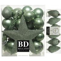 Kerstversiering kunststof kerstballen met piek salie groen 5-6-8 cm pakket van 39x stuks - Kerstbal - thumbnail