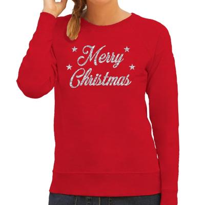 Kersttrui voor dames - rood - Merry Christmas - in zilveren glitter letters - kerstkleding