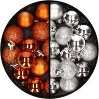 34x stuks kunststof kerstballen oranje en zilver 3 cm - thumbnail