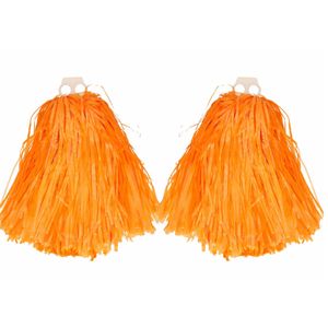 Cheerballs/pompoms - 4x - oranje - met franjes en ring handgreep - 28 cm