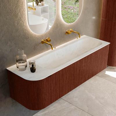 Badmeubel Mondiaz Kurve-Dlux | 145 cm cm | Meubelkleur Ruby | Wastafelkleur Opalo | Solid surface | Wasbak rechter zijde spoelbak | Zonder kraangat(en)