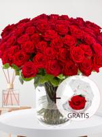 100 rode rozen - premium rozen - Red Naomi + Eeuwige roos voor Valentijnsdag