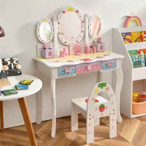 Kaptafel voor Kinderen met Drievoudige Spiegel Kinder Kaptafel en Stoel met 3 Lades 2 Opbergdozen Make-Up Kaptafel met Krukje Wit