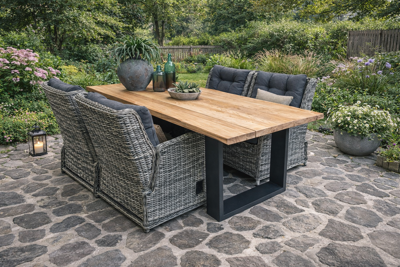 SenS-Line Vinos tuinset 4 verstelbare wicker stoelen met teakhouten tafel - Showmodel Wommelgem- - Steigerhout,Teak,Wicker- Sens-Line