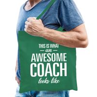 Cadeau tas voor coach/trainer - groen - katoen - 42 x 38 cm - geweldige coach - thumbnail