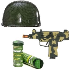 Soldaten/militairen verkleedset Uzi geweer/helm en schminkstift volwassenen