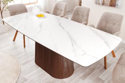 Design Eettafel UNIEK 200cm Wit Walnoot Keramiek Marmeren Kolom Onderstel - 45139
