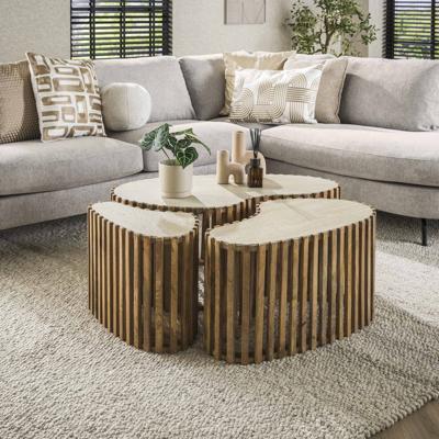 LifestyleFurn Organische Salontafel 'Beckie' Mangohout en Keramiek in Travertin-look, Set van 3 stuks
