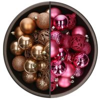 74x stuks kunststof kerstballen mix van fuchsia roze en camel bruin 6 cm - thumbnail