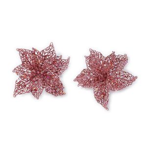 6x stuks decoratie kerststerren bloemen roze glitter op clip 18 cm