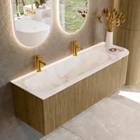Badmeubel Mondiaz Kurve-Dlux | 145 cm cm | Meubelkleur Dusk | Wastafelkleur Frappe | Solid surface | Wasbak links zijde spoelbak | 2 kraangaten