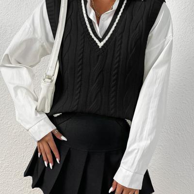 Bon&Bon Cable Knit Sweater Vest - V-Neck Striped Trim Casual Black Top Black / M