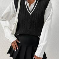 Bon&Bon Cable Knit Sweater Vest - V-Neck Striped Trim Casual Black Top Black / M