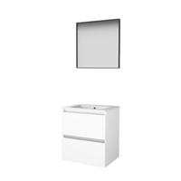 Basic-Line Framed 46 Badkamermeubelset - 60 x 46 cm - Greeploos - 2 Lades - Keramische Wastafel - 1 Kraangat - Spiegel met Zwart Aluminium Frame - Ice White