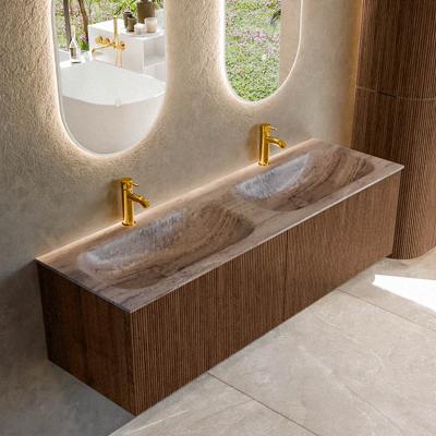 Badmeubel Mondiaz Kurve-Dlux | 150 cm | Meubelkleur Walnut | Wastafelkleur Oza | Solid surface | Wasbak beide zijden spoelbak | 2 kraangaten