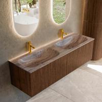 Badmeubel Mondiaz Kurve-Dlux | 150 cm | Meubelkleur Walnut | Wastafelkleur Oza | Solid surface | Wasbak beide zijden spoelbak | 2 kraangaten