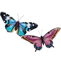 Wanddecoratie vlinders - 2x stuks - roze en blauw - 49 x 34 cm - metaal - muurdecoratie tuin
