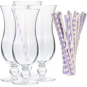 Cocktail set van 4x cocktail glazen en 100x rietjes - 440 ml - lila/paars