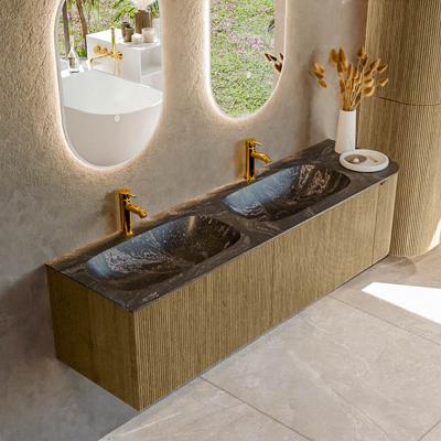 Badmeubel Mondiaz Kurve-Dlux | 165 cm cm | Meubelkleur Dusk | Wastafelkleur Lava | Solid surface | Dubbel / Links spoelbak | 2 kraangaten