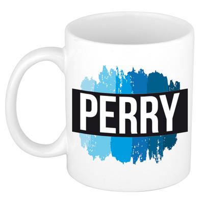 Perry naam cadeau koffie mok - beker - met blauw verfstrepen - Cadeau collega - vaderdag