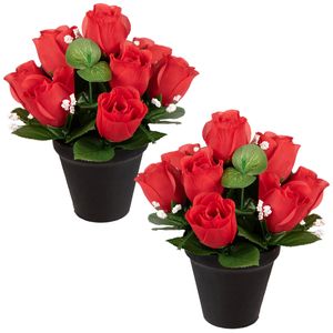 Kunstbloemen klein boeketje rozen in pot - 2x - rood - H25 cm - Bloemstuk - Bladgroen