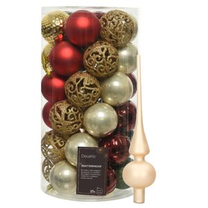 Kunststof kerstballen 37x st - rood/goud/parel/groen - 6 cm - met glazen piek champagne