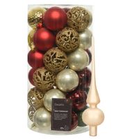 Kunststof kerstballen 37x st - rood/goud/parel/groen - 6 cm - met glazen piek champagne