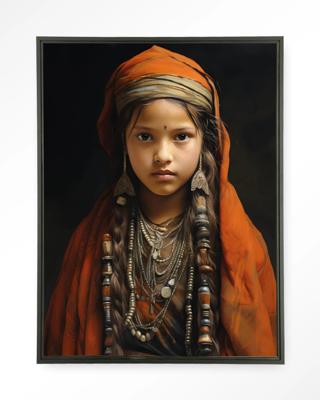 Urban Cotton Wandkleed 'Traditional Girl' 145 x 190cm in Floating Frame - black