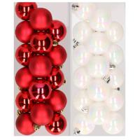 32x stuks kunststof kerstballen mix van rood en parelmoer wit 4 cm - Kerstbal - thumbnail