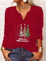Casual Christmas Trees Long Sleeve V Neck Printed Top T-Shirt - thumbnail