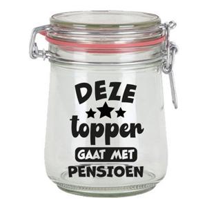 Cadeau voorraadpot - pensioen - glas - 10 x 7,5 cm - 720 ml - VUT cadeau - snoeppot - collega