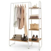 Vrijstaand Kledingrek met 5 Houten Planken en Stang om Kleding op te Hangen Moderne Draagbare Garderobe voor Slaapkamer Woonkamer