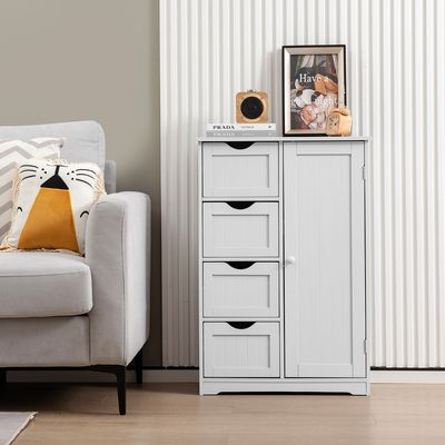 Ladekast met 1 Kast en 4 Lades Houten Vrijstaande Opbergkast met Verstelbare Plank in 3 Standen Badkamer Vloerkast Wit